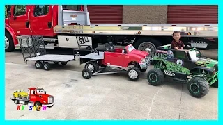 Kruz Playing With His New Tow Dolly Grave Digger Power Wheels and Gooseneck Trailer