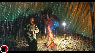 Down Pour - Covered Fire Camping in Heavy Rain - Thunderstorm Camping Adventure