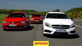 Mercedes A45 AMG vs Volkswagen Golf GTI vs BMW M135i - hot hatch mega test - autocar.co.uk