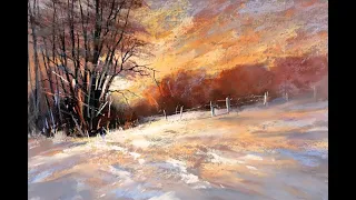 A Winter Sunset Pastel Painting - Impressionistic Winter Landscape Painting