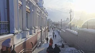 Walking tour: Omsk, Siberia, Russia: 08.01.2024, winter, daytime, -9C. Central streets +riverside.