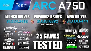 ARC A750 8GB Launch Driver VS Previous Driver VS New Driver | R9-7950X3D | 1080p - 25 Games Tested