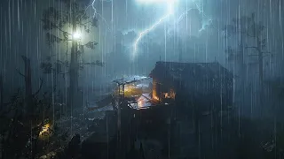 Thunderstorm in a swamp with dense fog, heavy rain, howling wind & thunder sounds at night