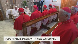 Pope Francies meets with new cardinals, discusses reforms as protestors gather in Vatican City