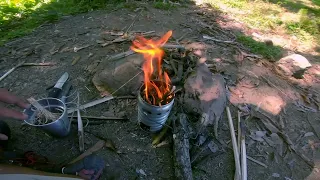 Solo bushcraft camping | Hammock hang | Vintage Swiss Army volcano stove field test