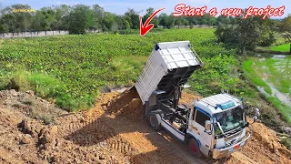 Starting New Project​ Using machinery ​ KOMATS'U D40P Dozer Pushing soil In Rice Field​​