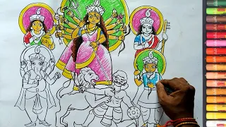how to draw maa durga ful family,durga puja drawing easy,navratri drawing,easy line art maa durga,