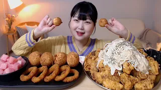 바삭한 어니언 소스 치킨 치즈볼 어니언링 먹방 Onion cream sauce Chicken Cheese balls Onion rings Mukbang Eatingsound