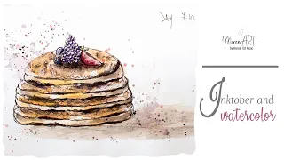 Ink and watercolor - Day 07 - food illustration - pancakes