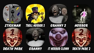 Stickman Escape Lift, Troll Quest Horror 2, Granny Chapter Two, Horror REC, Death Park, Granny...