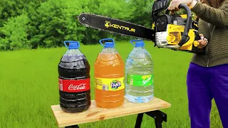 BIG Coca Cola, Fanta, Sprite  vs CHAINSAW !