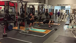 NFL ECCENTRIC ISOMETRICS Circuit! Zercher Squats with Chains, Pushups on Bear Blocks, & Hang Cleans