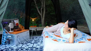 Relaxing solo camping. My cozy room in the forest.  I made a table out of an aluminum box.