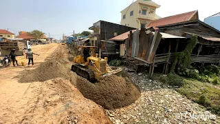 New Update Processing Building Foundation Village Komatsu Bulldozer Pushing Rock & Sand Into Water