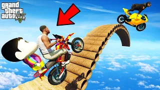 FRANKLIN TRIED IMPOSSIBLE ROUND PIPE BRIDGE BIKE PARKOUR RAMP CHALLENGE GTA 5 | SHINCHAN and CHOP