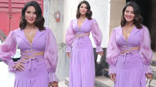 Stunning Sunny Leone L00KS H0T In Purple Dress As She Got Snapped By Media On Mumbai Road's