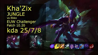 Kha'Zix Jungle vs Ekko - EUW Challenger 25/7/8 Patch 10.20 Gameplay