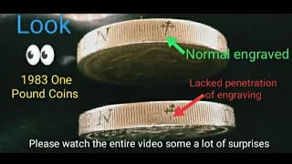 1983 1 Pound coin, anomaly error, struck-through reeding error, and lacked engraving penetration