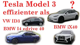 Ist das Tesla Model 3 effizienter als BMW I4 BMW iX40 und VW ID3?