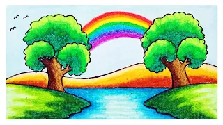 Scenery Drawing | How To Draw Beautiful Rainbow Scenery On a Lake Hills With Oil Pastel