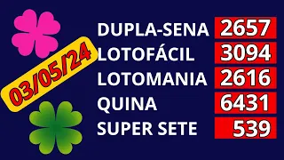 Resultado das loterias de hoje 3/05, Lotofácil 3094, Lotomania 2616, Quina 6431, Dupla Sena 2657,