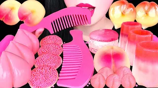 ASMR EDIBLE HAIR COMB, PINK JELLO SHOTS, PEACH JELLY, UFO CANDY, MACARONS *PINK FOOD EATING MUKBANG