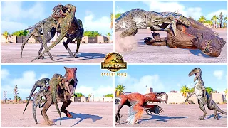 Blue-Delta-Echo-Charlie Velociraptors VS All Carnivore Dinos Animations 🦖 Jurassic World Evolution 2