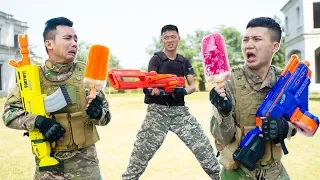 Battle Nerf War: Ice Salesman Nerf Guns Robbers Group Reclaiming Ice Cream Box