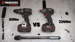 Parkside Performance impact wrench 226 Nm vs 60 Nm compact drill