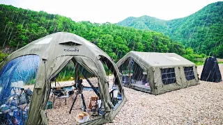 Camping in the rainy☔ Mother nature with a dogㅣTwo high-end air tents🏕️ㅣrain sound asmrㅣCarbo Buldak