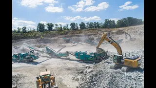 Powerscreen Trakpactor 480, Chieftain 1700, and 1000SR Cone Crusher in Limestone Quarry.