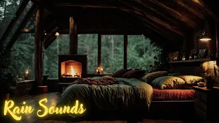 Rain Falling outside while Shelter in Cozy Cabin Log w/ Cozy Fireplace for Deep Sleep. ASMR to Sleep