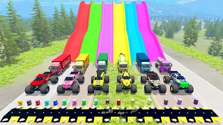 HT Gameplay # 14 | Mixer Truck & Monster Truck & Cars vs Trap Colors High Speed Ramps & Spiked Bumps