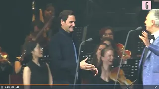 Roger Federer  gets emotional  on the stage with Andrea Bocelli