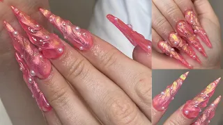 3D Gel Pink Aurora Chrome Nails | How to do 3D Gel Nails | Acrylic Tutorial | Clarissa Ama