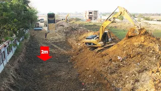 Complete 100% Amazing! Komatsu Dozer Pushing Dirt Land Filling Up With Dump Trucks Alongside a Villa