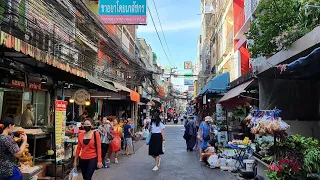 [4K] Walking through Petchaburi Soi 5 Food Street and Railroad in Bangkok Thailand