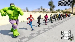 All Superheroes Running Challenge Spiderman, Black Panther, Shazam, Batman,Wonder Woman - GTA V MODS