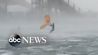 Windsurfer faces extreme conditions from powerful storm in Netherlands