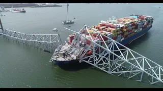 NTSB B-Roll - Aerial Imagery of Francis Scott Key Bridge and Cargo Ship Dali