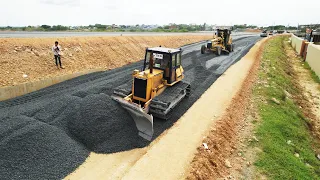 Nice Processing Dozer Spreading Gravel And Grader Trimming Gravel Installing Foundation New Roads