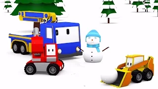 Snowman and giant sledge slide  - Learn with Tiny Trucks: bulldozer, crane, excavator , Educa