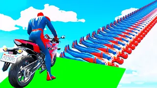 SPIDERMAN and Motorcycle Challenge Obstacles with Superheroes!