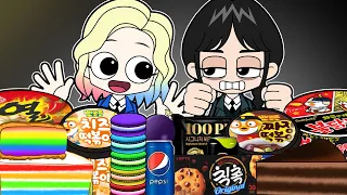 Convenience Store RAINBOW vs BLACK - Wednesday Addams VS Anid MUKBANG! | Wednesday Animation | ASMR