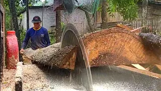 Skills in sawing tamarind and teak wood using a large circular saw