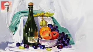How To Draw Fruits With Watercolor |  How To Paint Grapes & Apple | Still Life Painting Green Bottle