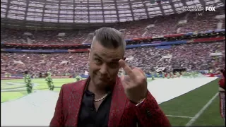 Robbie Williams sticks the middle finger during live performance at World Cup 2018