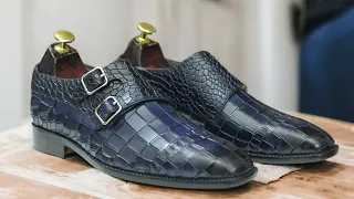 Blue Double Monk Alligator Shoes Buckle Strap Leather Shoes For Men