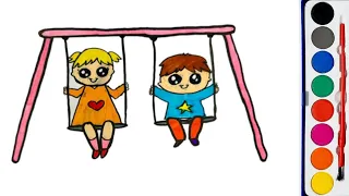 Drawing and Colouring kids on Swing | Cute kids on Swing Easy drawing step by step