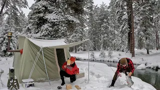 CAMPING IN A SNOW STORM || WARM TENT CAMPING IN HIGH SNOW